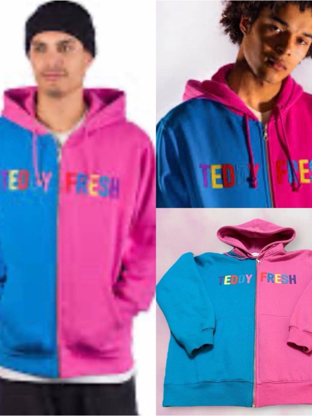 Teddy Fresh Blue and Pink Colorblock Hoodie L